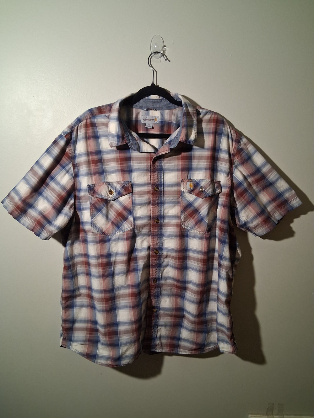 Carhartt Men's Size 3XL Short Sleeve Red & Blue Plaid Button-Down Shirt